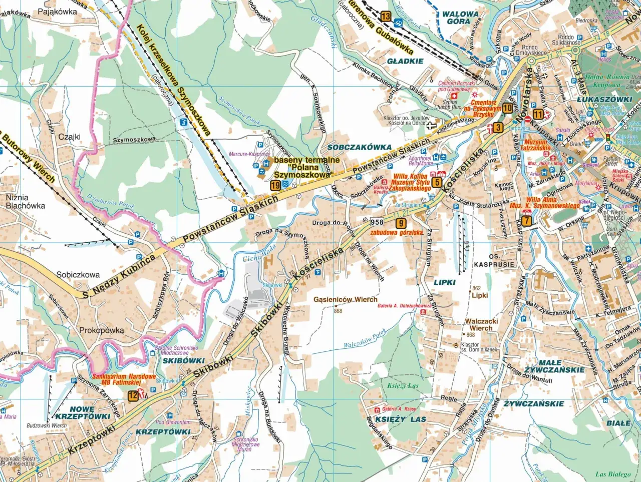 Mapa turystyczna Zakopanego z zaznaczonymi dzielnicami: Krzeptówki, Szymoszkowa, Gubałówka, Krupówki.