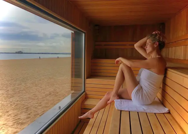Kobieta w saunie z widokiem na plażę. Cieszy się relaksem, jak prawdziwi naturyści.